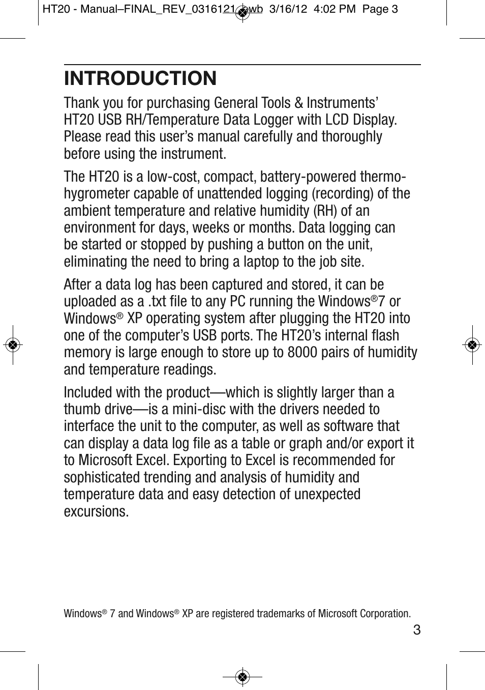 Introduction, 7 or windows | General Tools and Instruments HT20 User Manual | Page 3 / 20