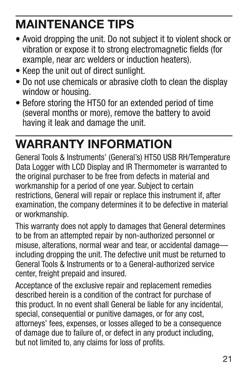 Maintenance tips, Warranty information | General Tools and Instruments HT50 v.1 User Manual | Page 21 / 24
