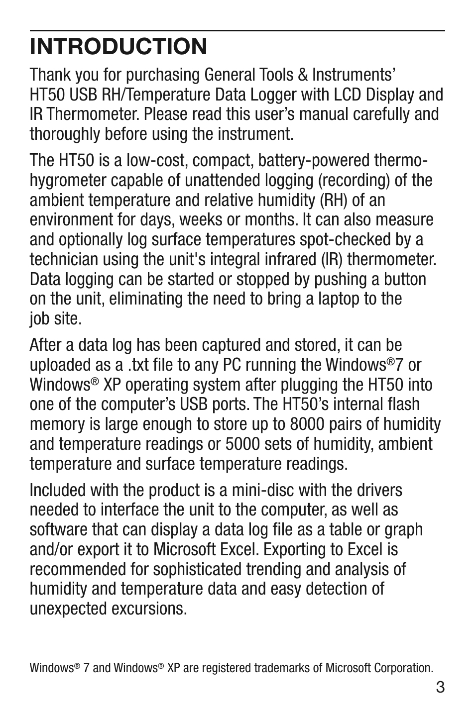 Introduction, 7 or windows | General Tools and Instruments HT50 v.1 User Manual | Page 3 / 24