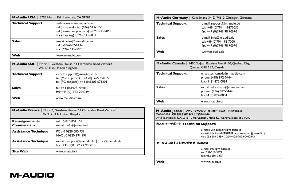 Contact | M-AUDIO Xponent User Manual | Page 10 / 10