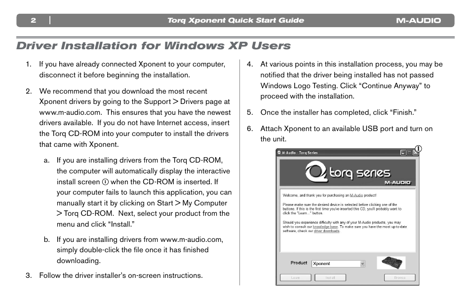 Driver installation for windows xp users | M-AUDIO Xponent User Manual | Page 3 / 10