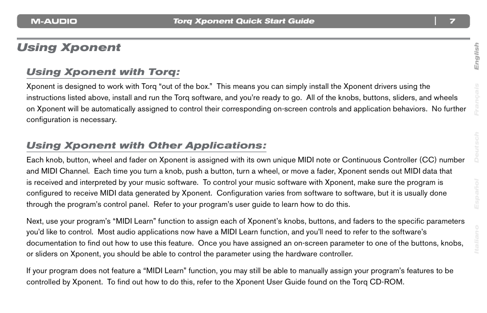 Using xponent, Using xponent with torq, Using xponent with other applications | M-AUDIO Xponent User Manual | Page 8 / 10