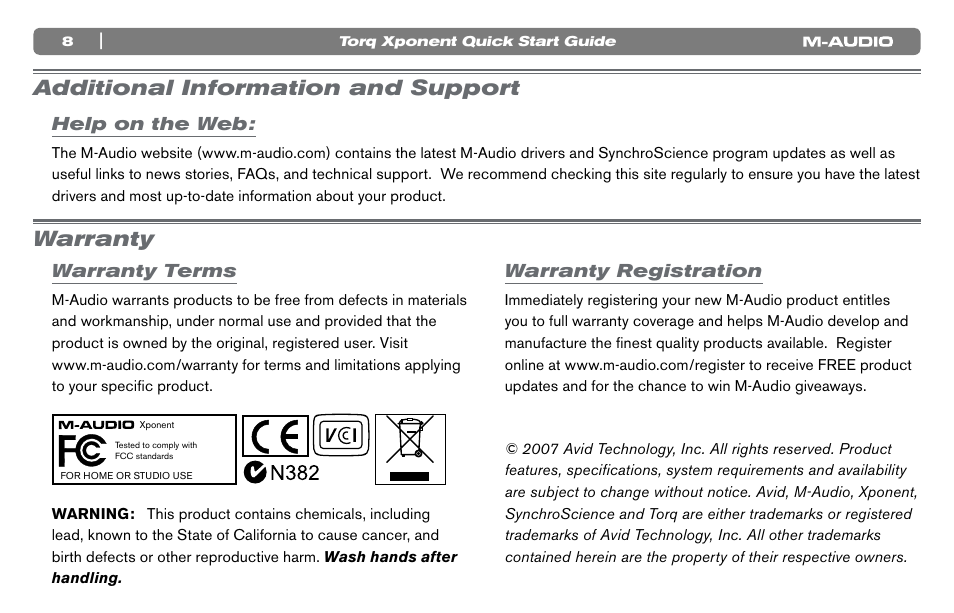Additional information and support, Warranty | M-AUDIO Xponent User Manual | Page 9 / 10