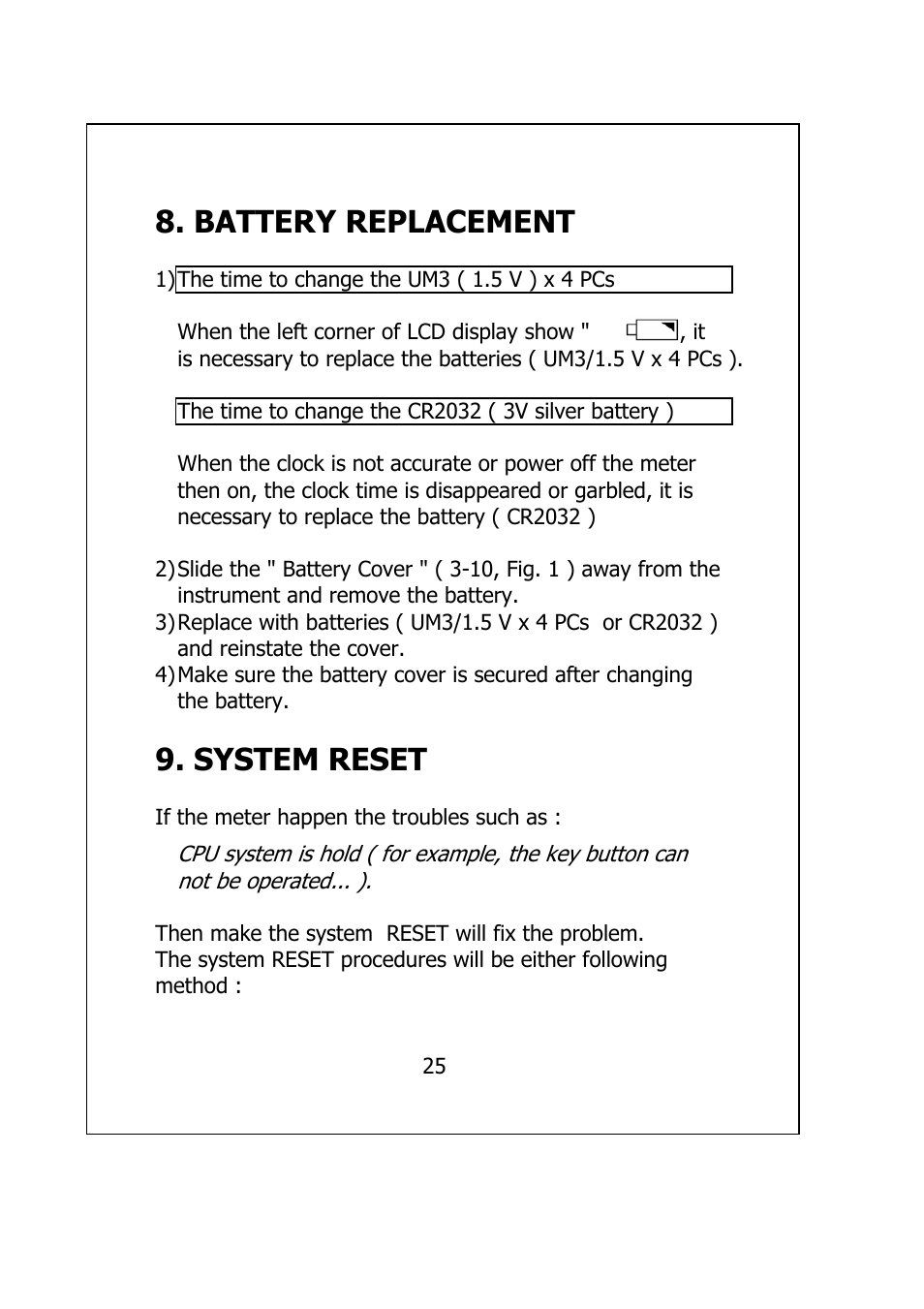 Battery replacement, System reset | General Tools and Instruments HWA2005DL User Manual | Page 27 / 29