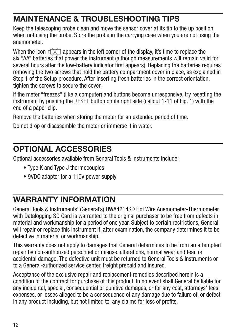 Maintenance & troubleshooting tips, Optional accessories, Warranty information | General Tools and Instruments HWA4214SD User Manual | Page 12 / 16