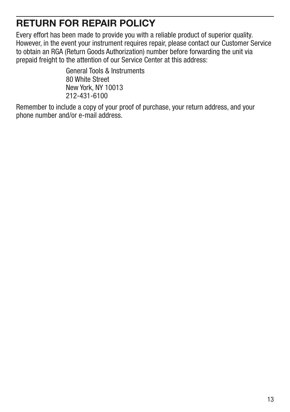 Return for repair policy | General Tools and Instruments HWA4214SD User Manual | Page 13 / 16
