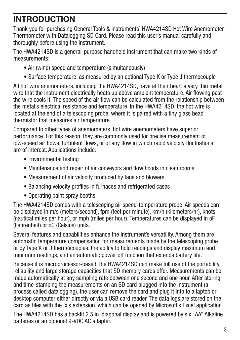 Introduction | General Tools and Instruments HWA4214SD User Manual | Page 3 / 16