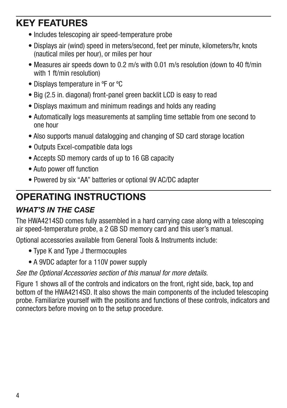 Key features, Operating instructions | General Tools and Instruments HWA4214SD User Manual | Page 4 / 16