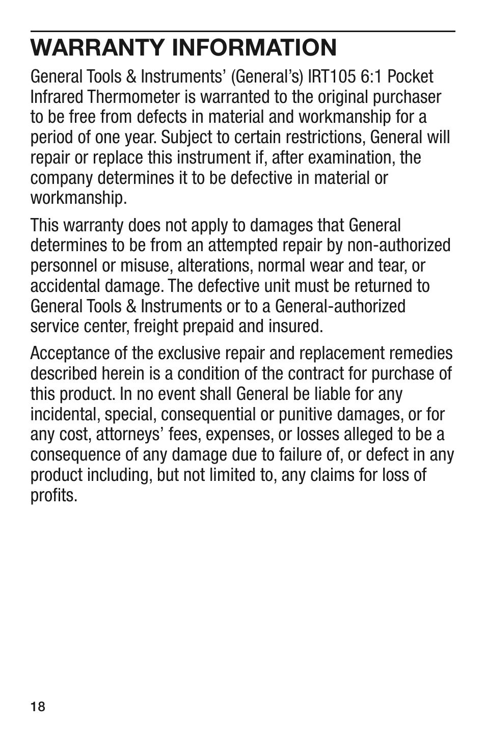 Warranty information | General Tools and Instruments IRT105 User Manual | Page 18 / 60