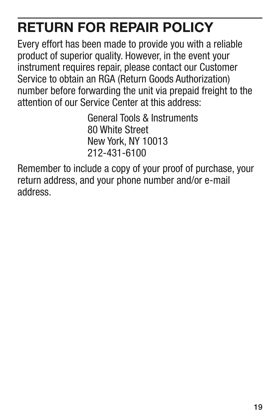 Return for repair policy | General Tools and Instruments IRT105 User Manual | Page 19 / 60