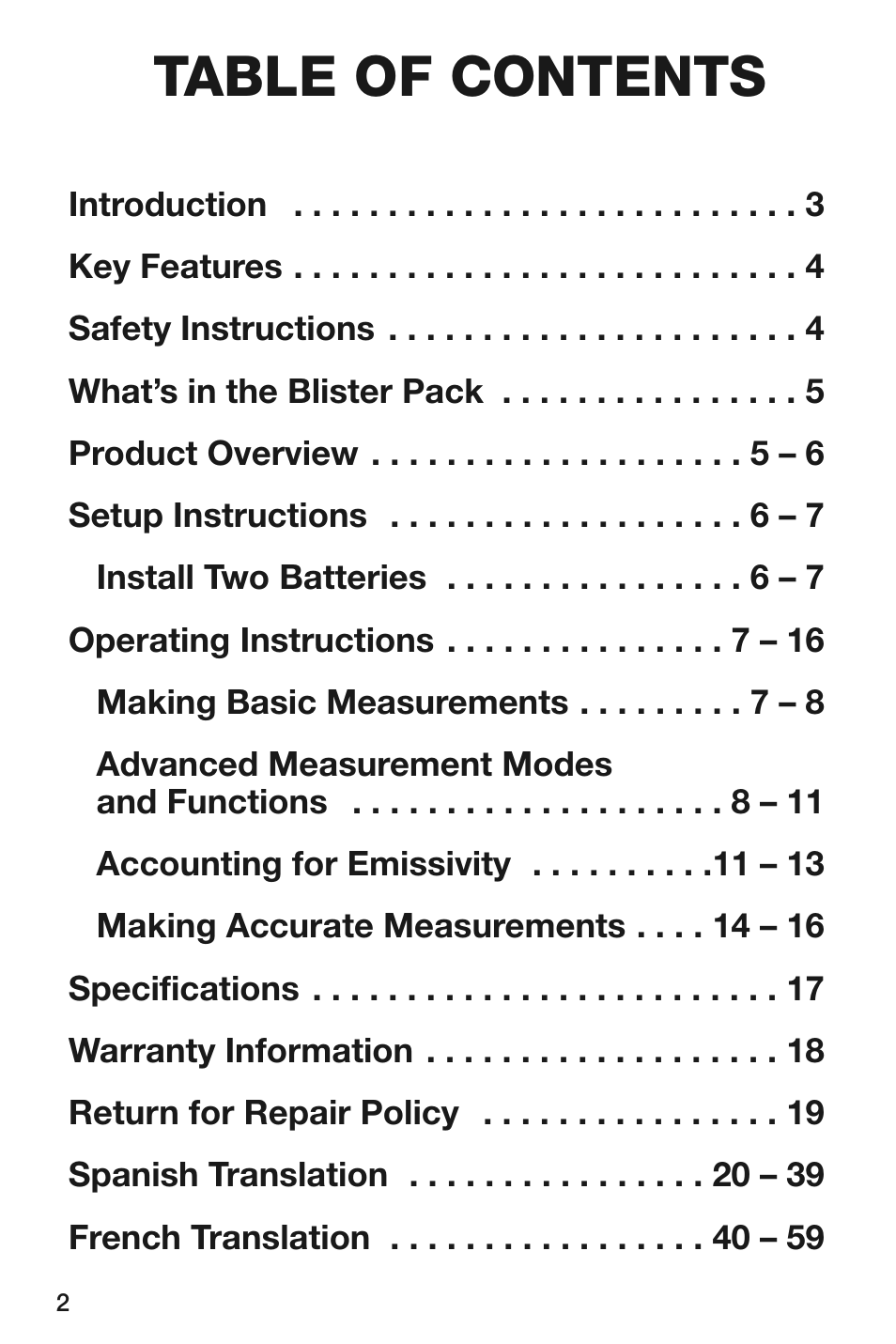 General Tools and Instruments IRT105 User Manual | Page 2 / 60