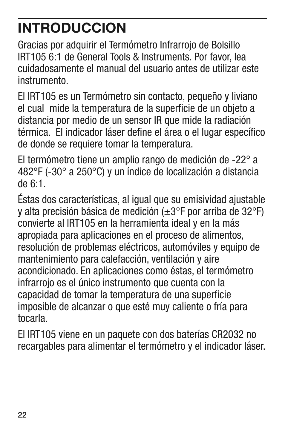 Introduccion | General Tools and Instruments IRT105 User Manual | Page 22 / 60