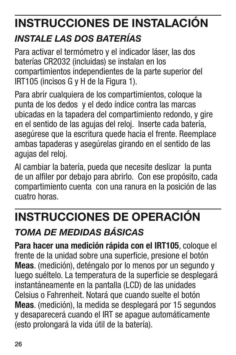 Instrucciones de instalación, Instrucciones de operación | General Tools and Instruments IRT105 User Manual | Page 26 / 60