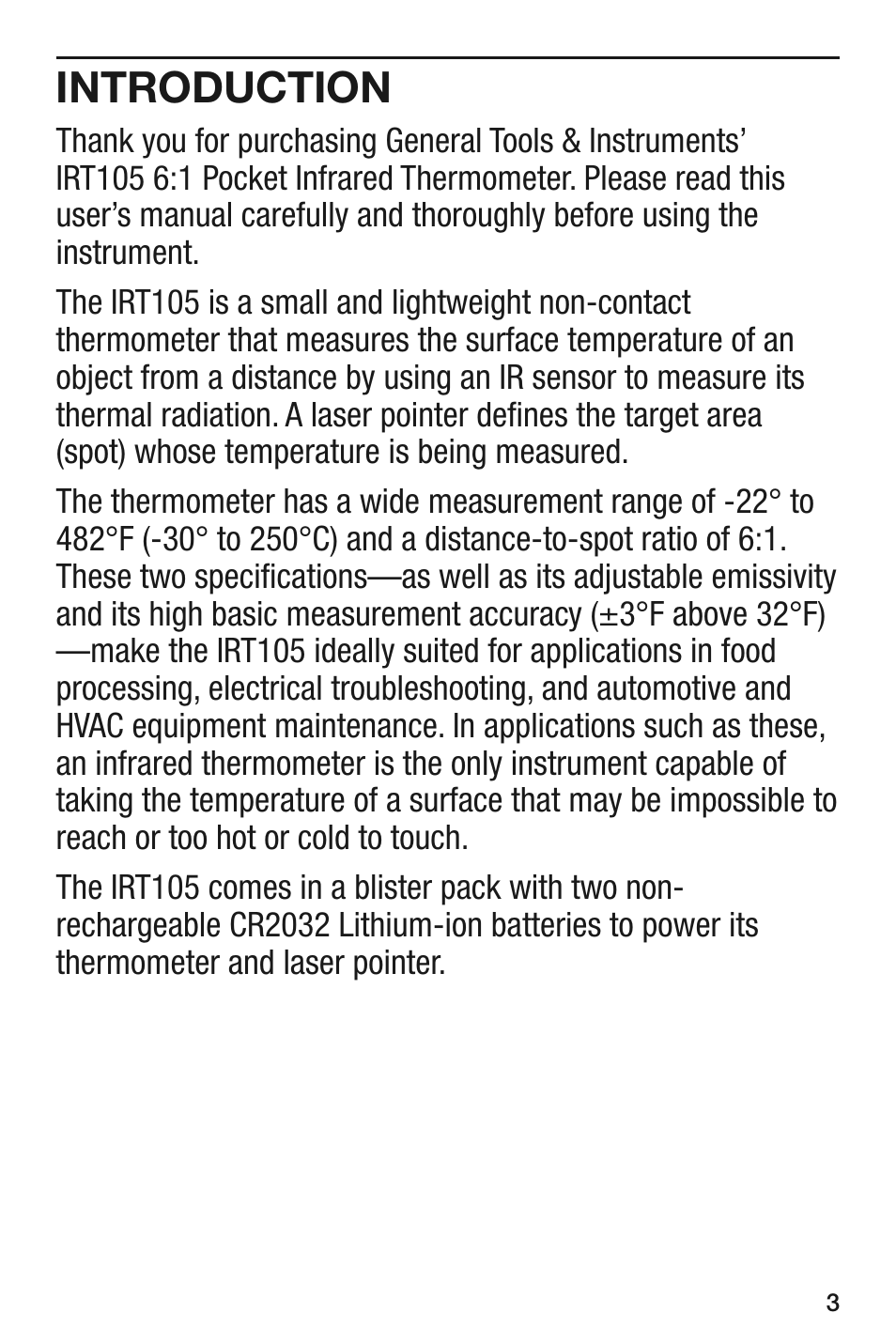 Introduction | General Tools and Instruments IRT105 User Manual | Page 3 / 60