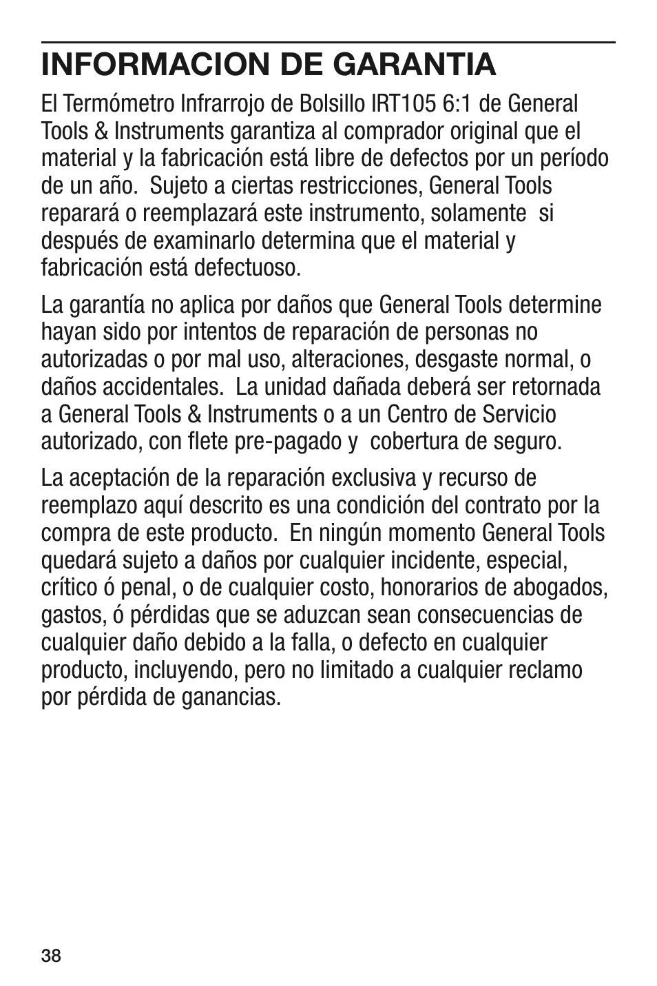 Informacion de garantia | General Tools and Instruments IRT105 User Manual | Page 38 / 60