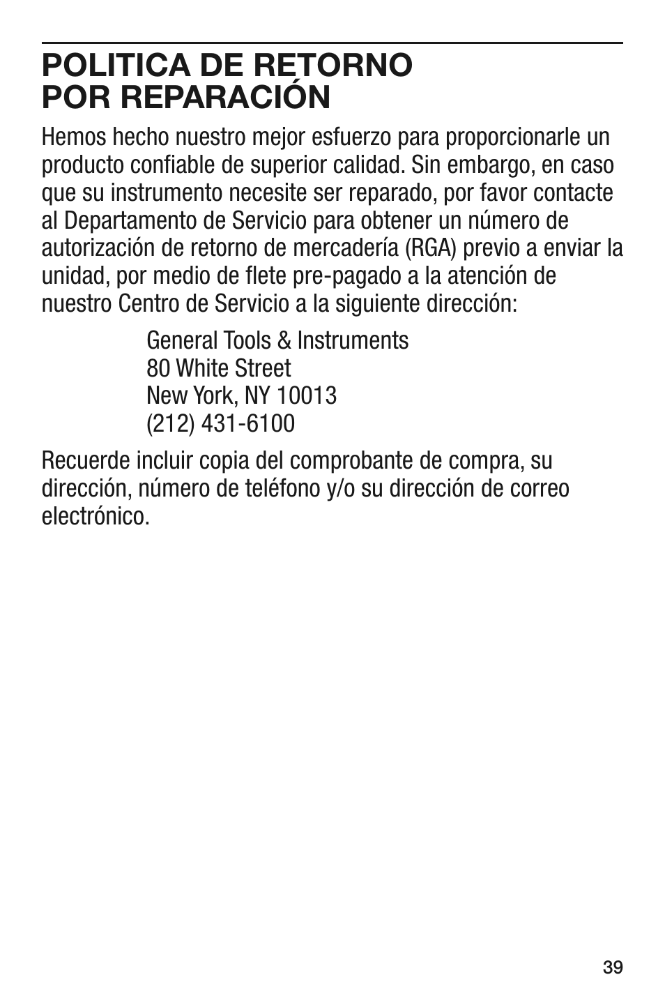 Politica de retorno por reparación | General Tools and Instruments IRT105 User Manual | Page 39 / 60
