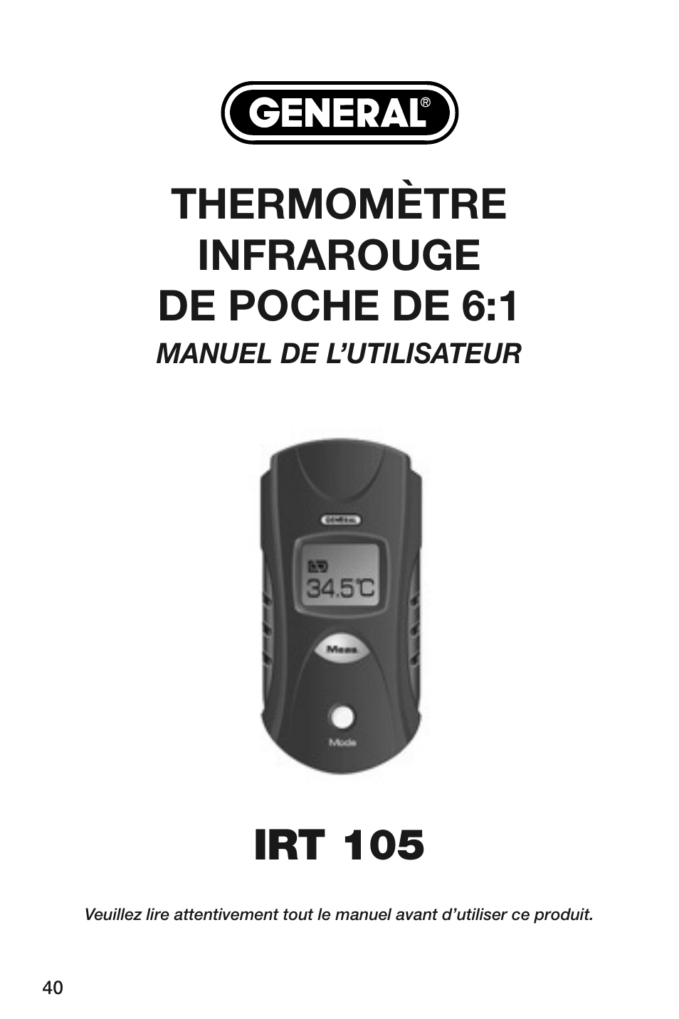 Thermomètre infrarouge de poche de 6:1, Irt 105 | General Tools and Instruments IRT105 User Manual | Page 40 / 60