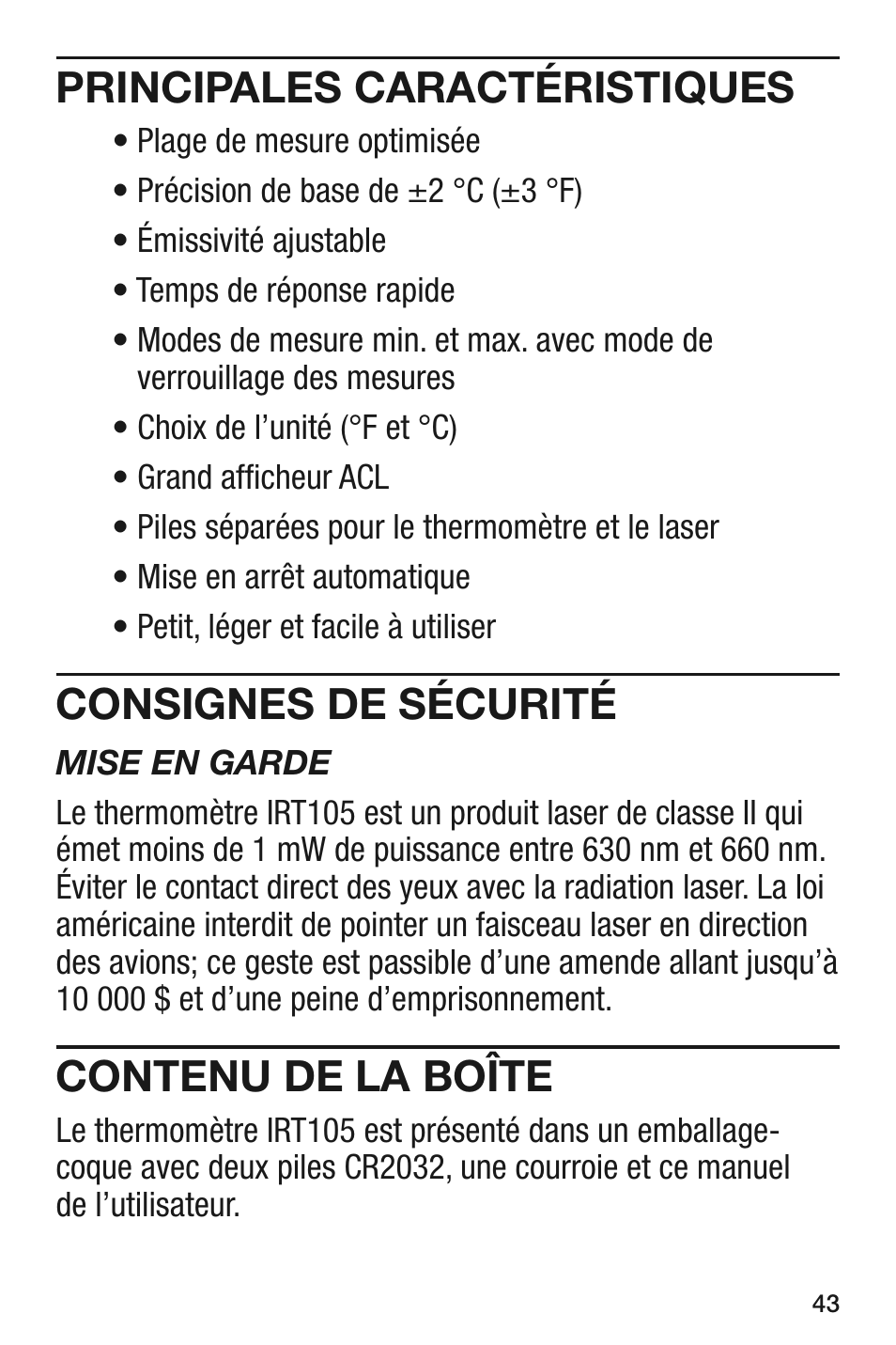 Principales caractéristiques, Consignes de sécurité, Contenu de la boîte | General Tools and Instruments IRT105 User Manual | Page 43 / 60