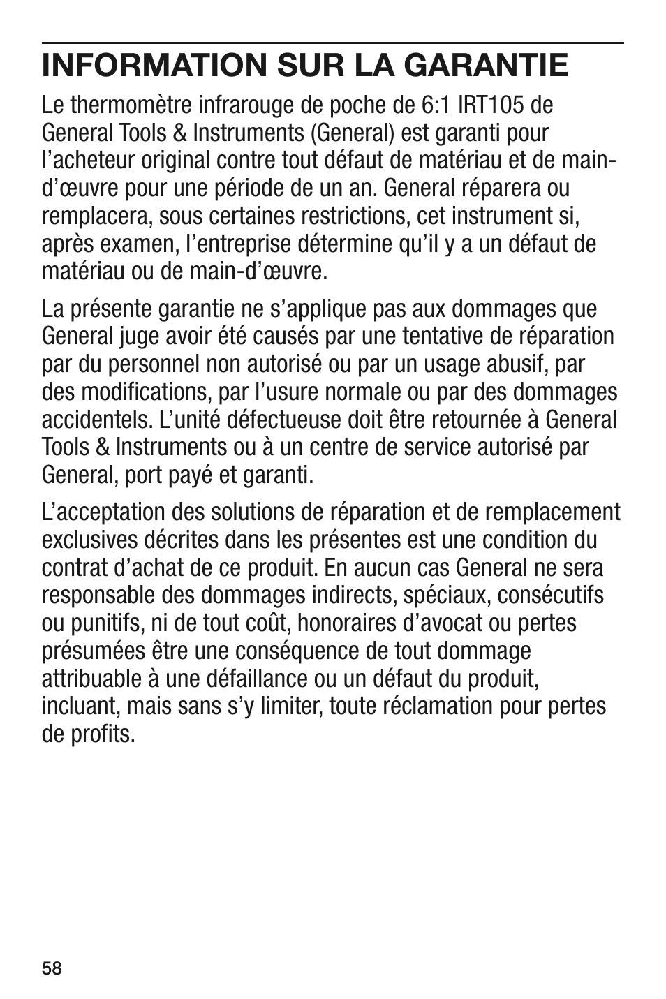 Information sur la garantie | General Tools and Instruments IRT105 User Manual | Page 58 / 60