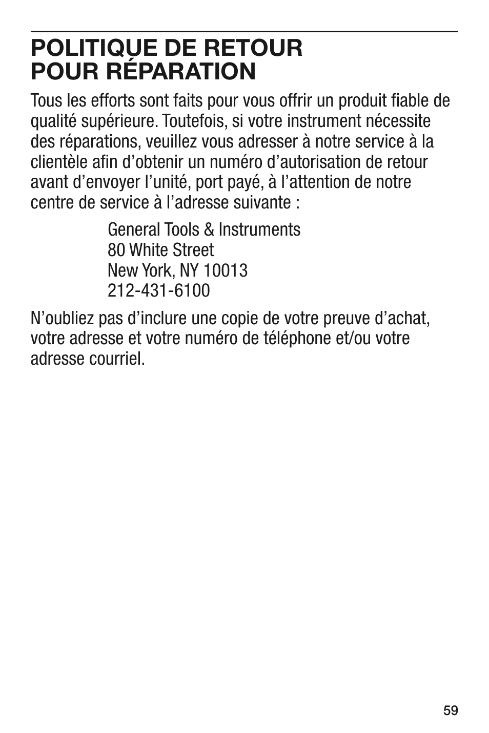 Politique de retour pour réparation | General Tools and Instruments IRT105 User Manual | Page 59 / 60