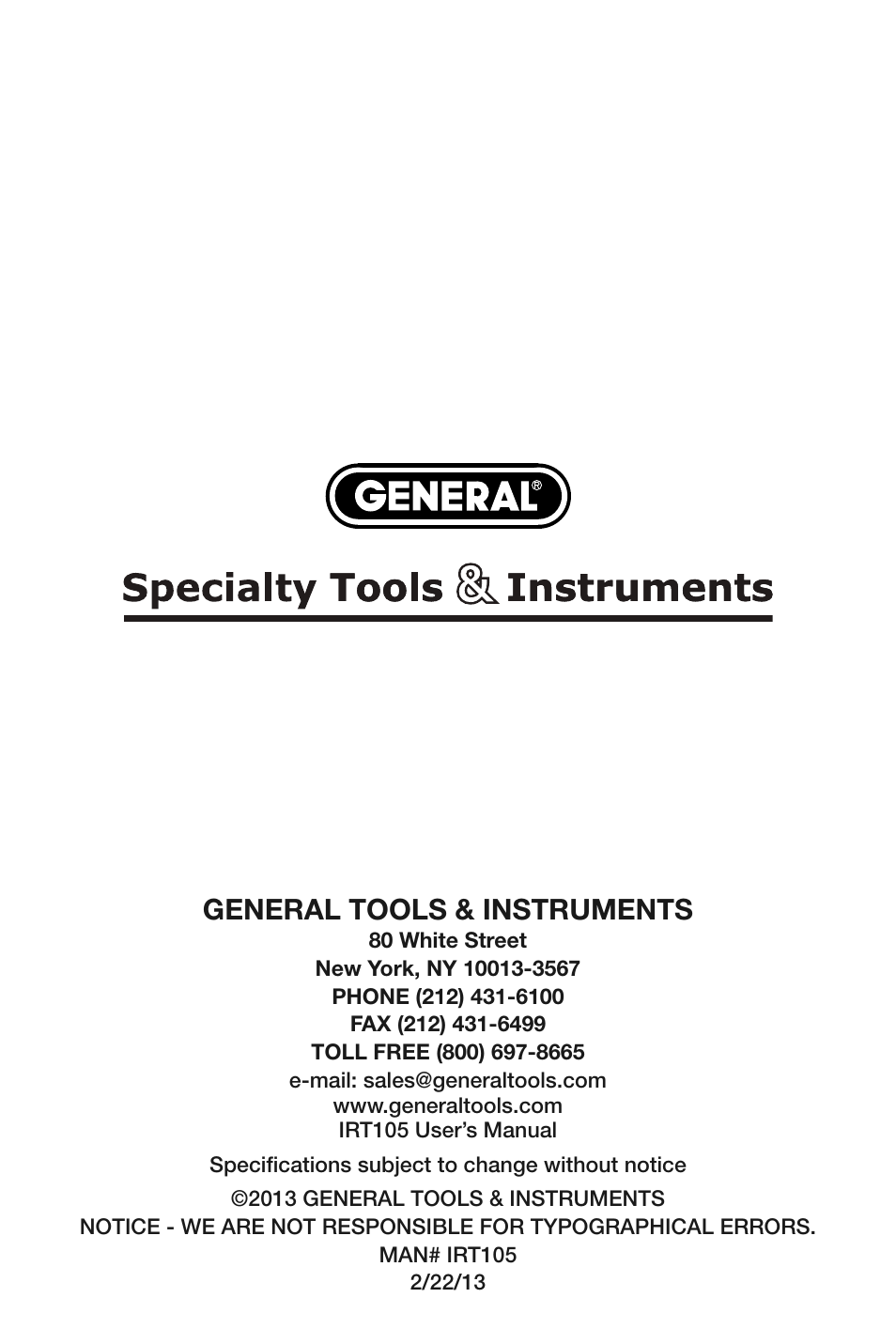 General tools & instruments | General Tools and Instruments IRT105 User Manual | Page 60 / 60