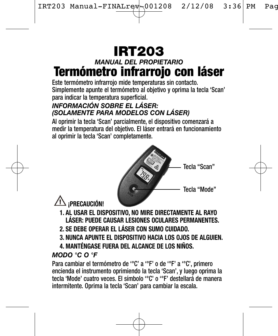 Irt203, Termómetro infrarrojo con láser | General Tools and Instruments IRT203 User Manual | Page 12 / 16