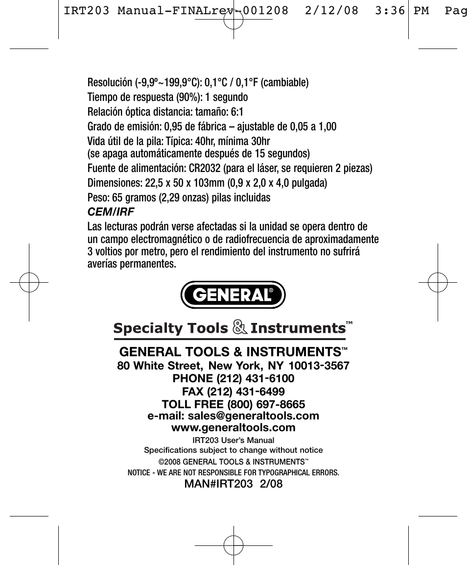 General tools & instruments | General Tools and Instruments IRT203 User Manual | Page 16 / 16