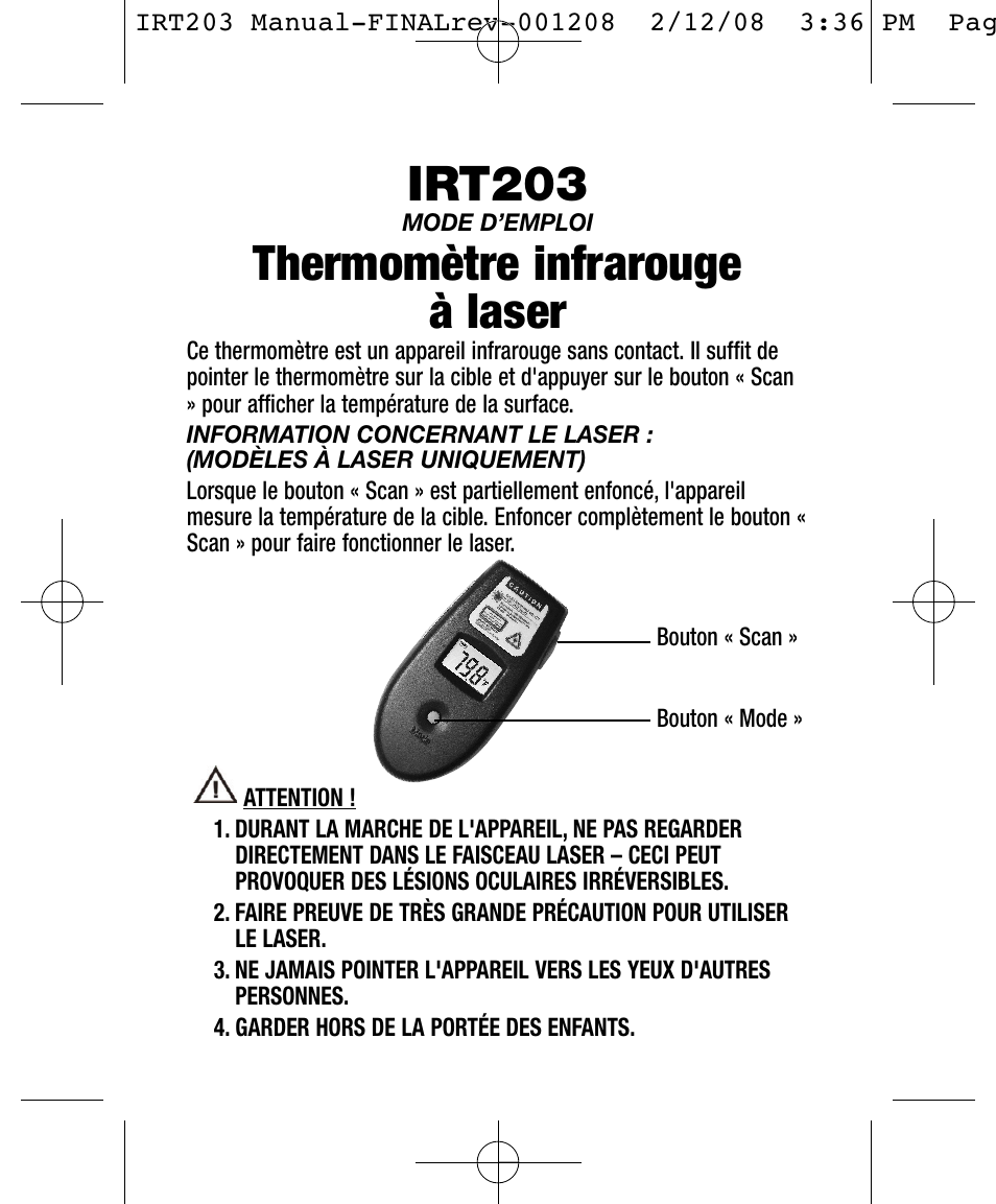 Irt203, Thermomètre infrarouge à laser | General Tools and Instruments IRT203 User Manual | Page 7 / 16