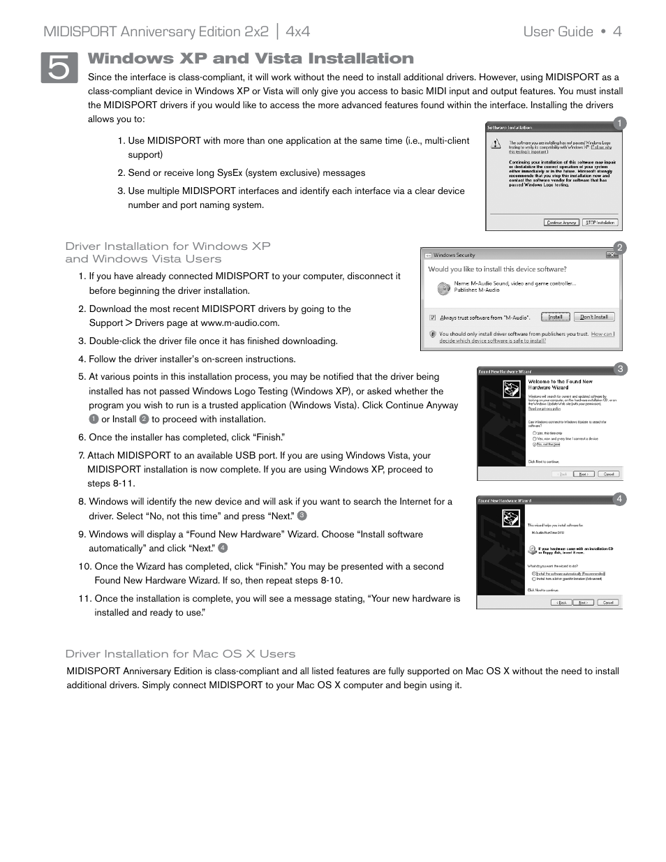 Windows xp and vista installation, Midisport anniversary edition 2x2 | M-AUDIO MIDISPORT 2x2 Anniversary Edition User Manual | Page 5 / 8