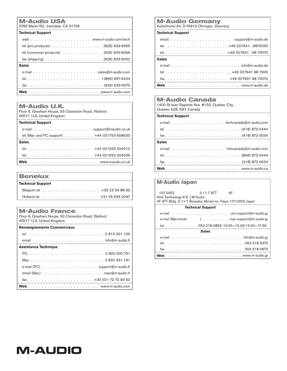 Contact, M-audio usa, M-audio u.k | Benelux, M-audio france, M-audio germany, M-audio canada, M-audio japan | M-AUDIO MIDISPORT 2x2 Anniversary Edition User Manual | Page 8 / 8