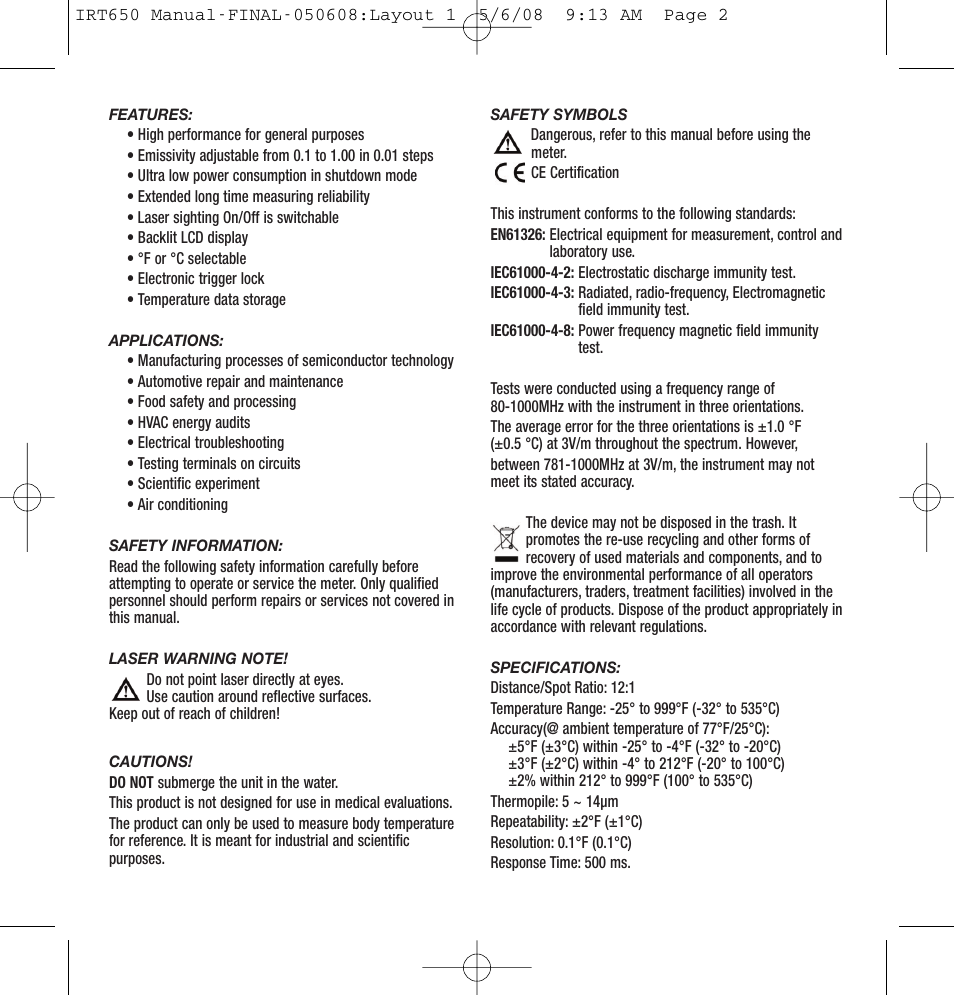 General Tools and Instruments IRT650 User Manual | Page 2 / 12