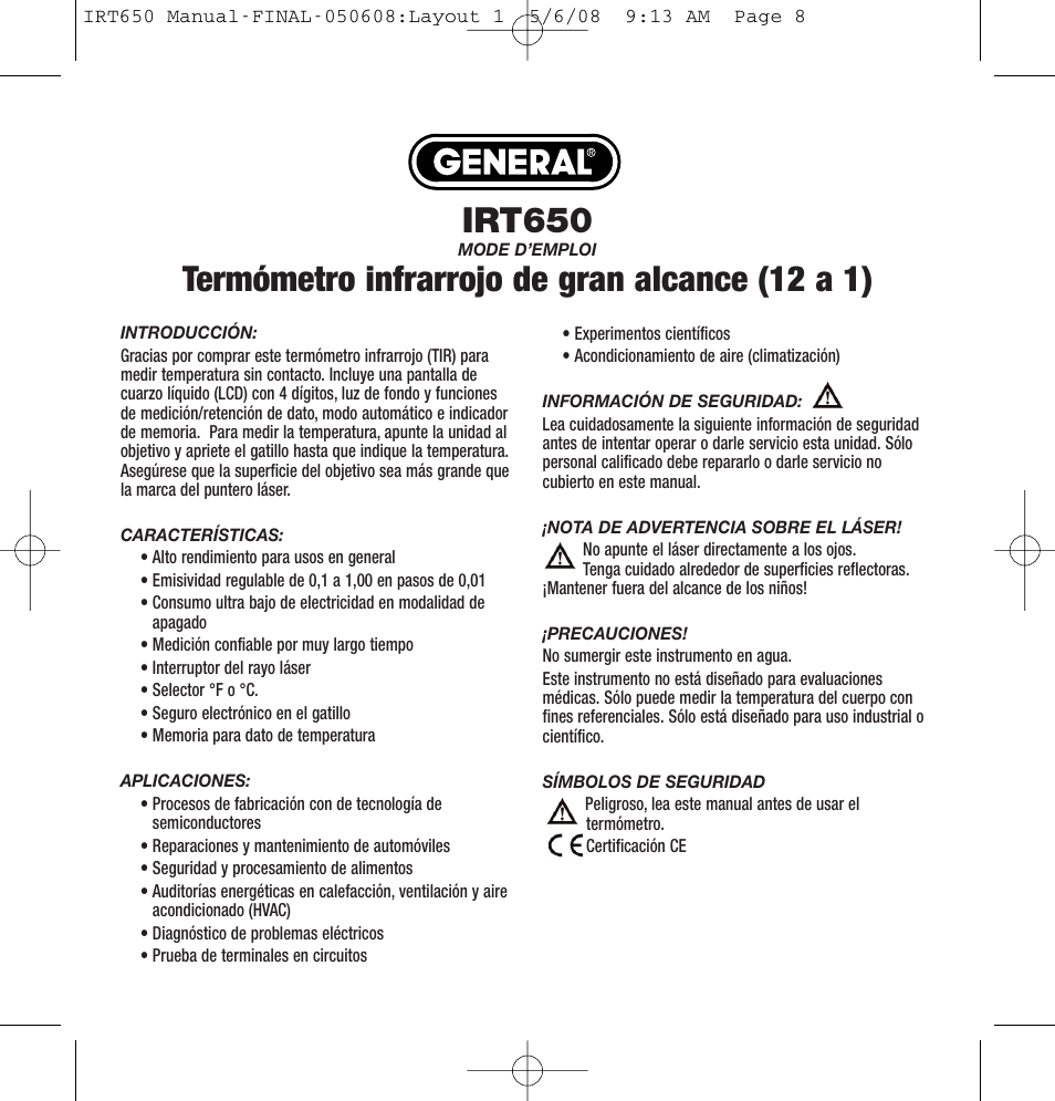 Irt650, Termómetro infrarrojo de gran alcance (12 a 1) | General Tools and Instruments IRT650 User Manual | Page 8 / 12