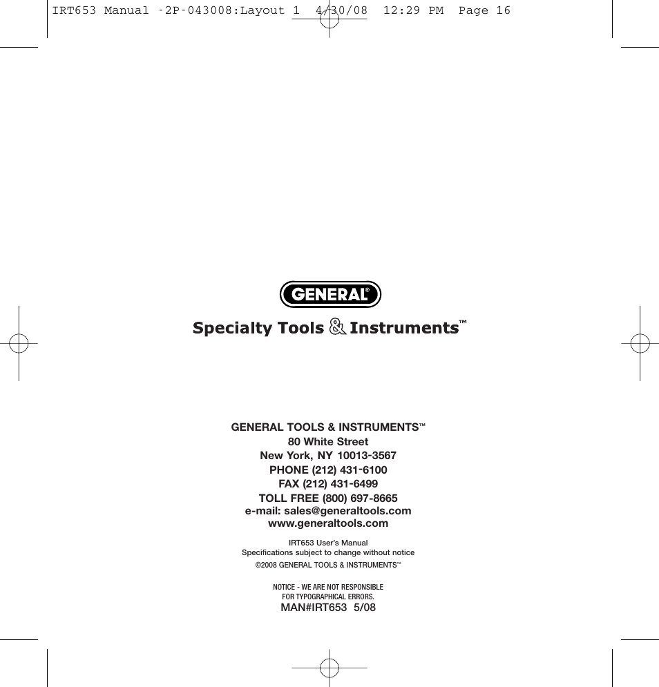 General Tools and Instruments IRT653 User Manual | Page 16 / 16