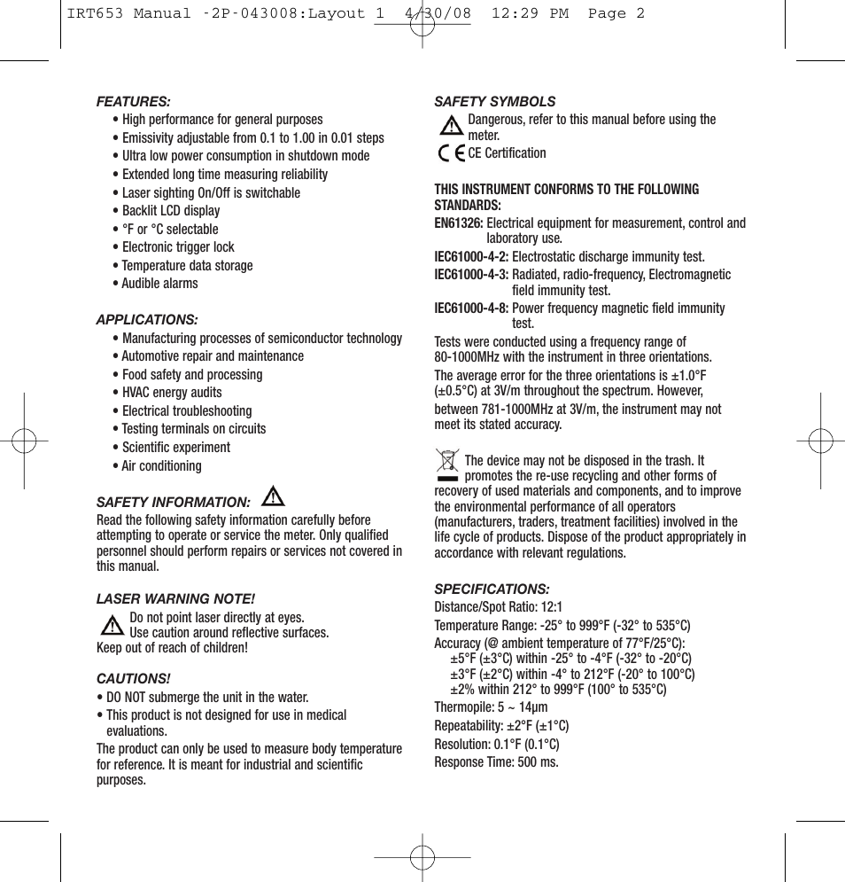 General Tools and Instruments IRT653 User Manual | Page 2 / 16