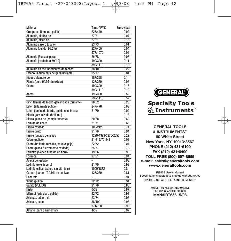 General Tools and Instruments IRT656 User Manual | Page 12 / 12