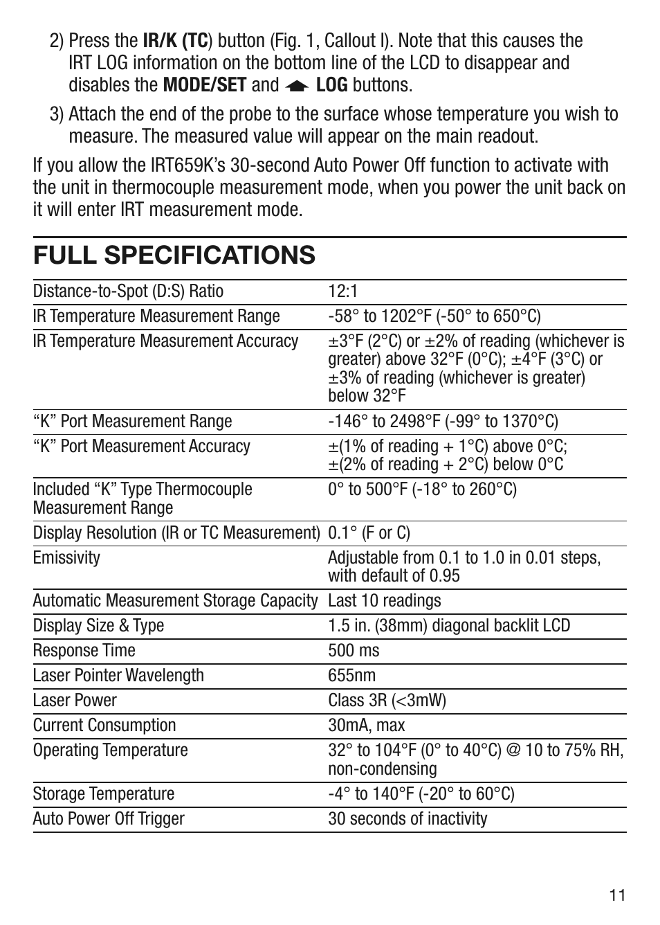 Full specifications | General Tools and Instruments IRT659K User Manual | Page 11 / 16