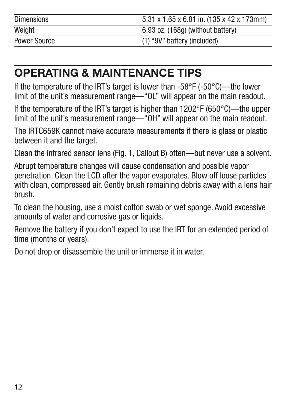 Operating & maintenance tips | General Tools and Instruments IRT659K User Manual | Page 12 / 16