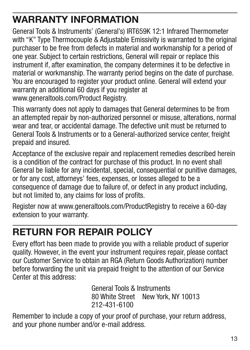 Warranty information, Return for repair policy | General Tools and Instruments IRT659K User Manual | Page 13 / 16