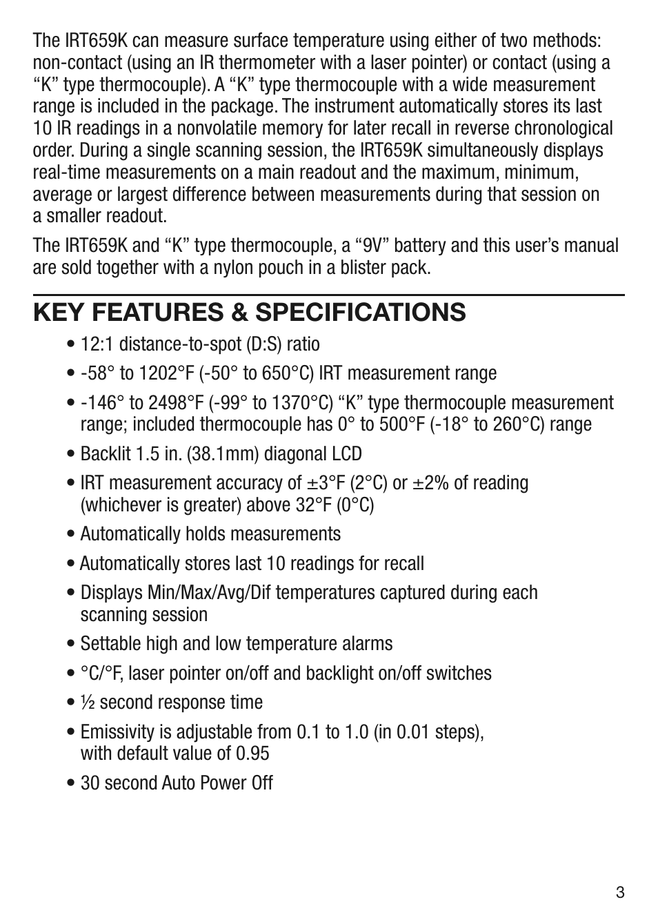 Key features & specifications | General Tools and Instruments IRT659K User Manual | Page 3 / 16