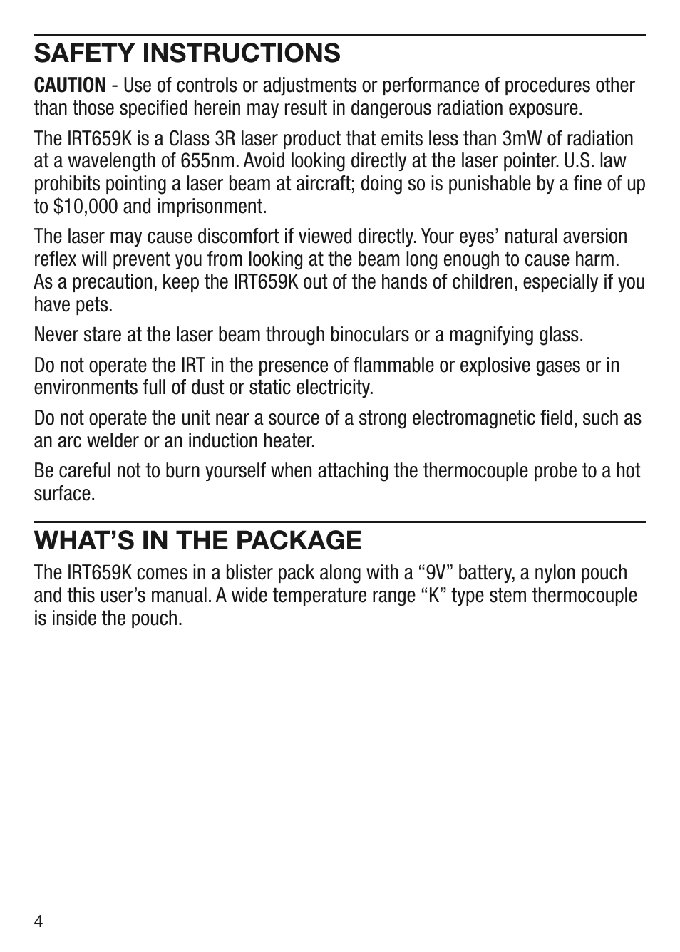 Safety instructions, What’s in the package | General Tools and Instruments IRT659K User Manual | Page 4 / 16