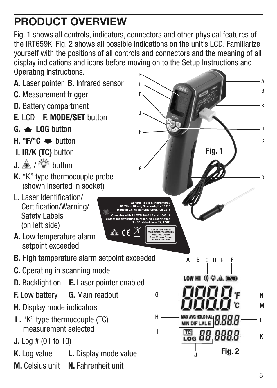 Product overview, Log button h. °f/°c, Fig. 1 fig. 2 | General Tools and Instruments IRT659K User Manual | Page 5 / 16