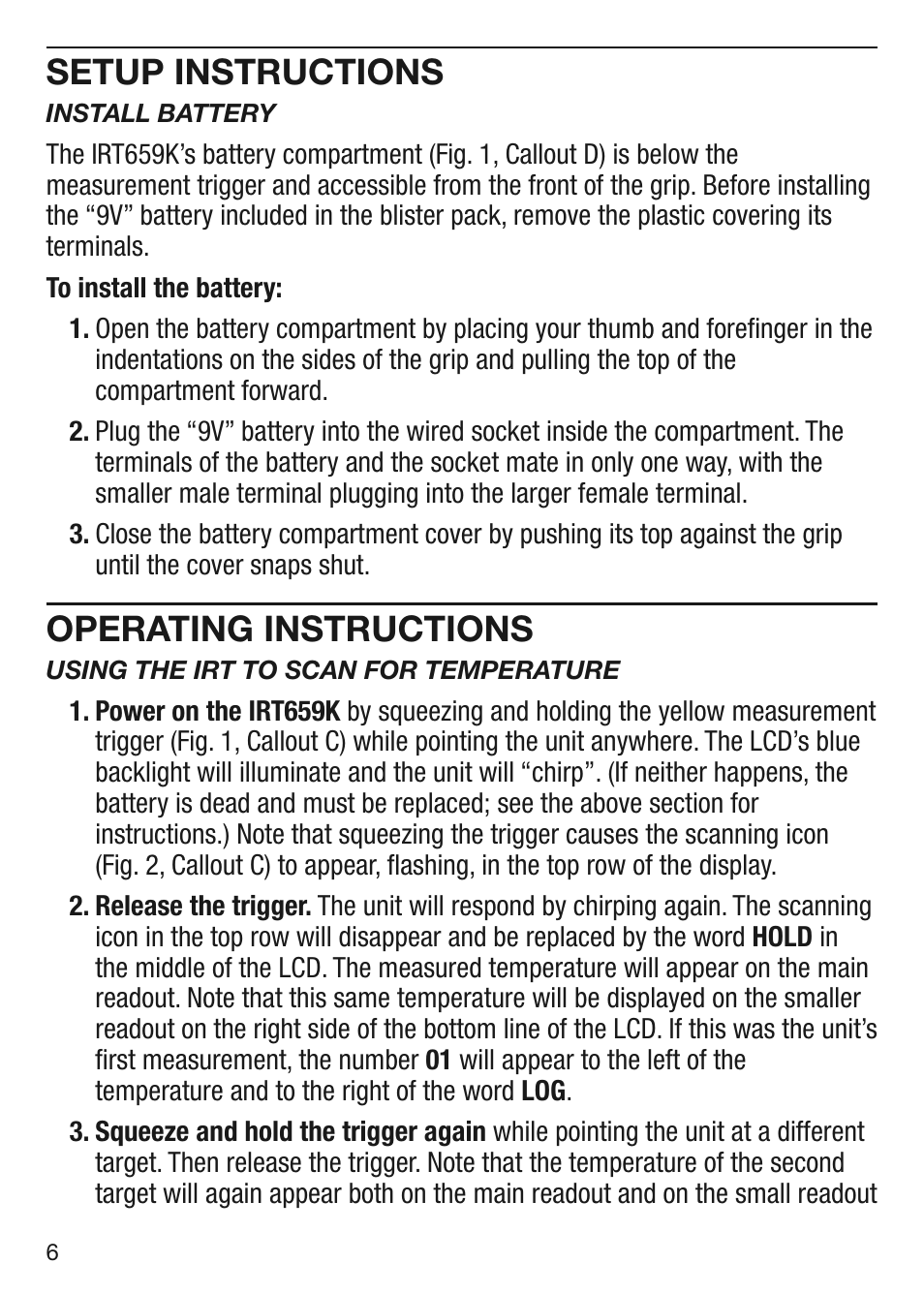 Setup instructions, Operating instructions | General Tools and Instruments IRT659K User Manual | Page 6 / 16