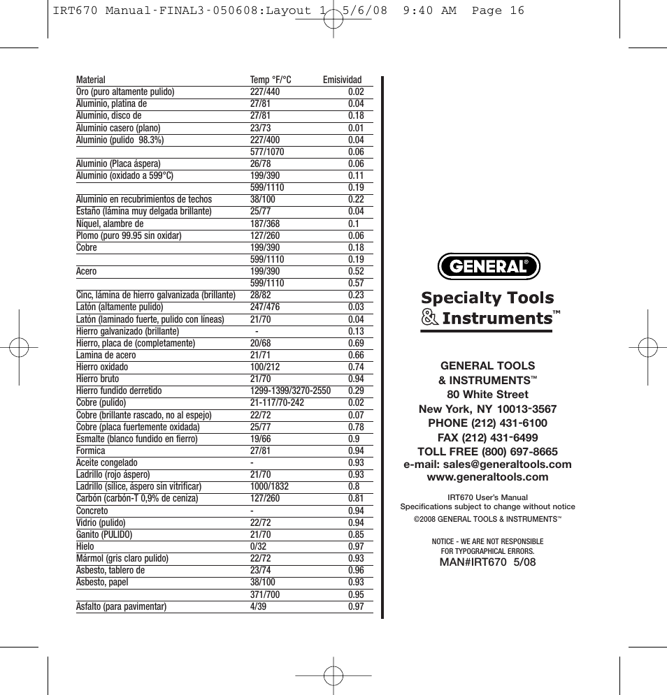 General Tools and Instruments IRT670 User Manual | Page 16 / 16