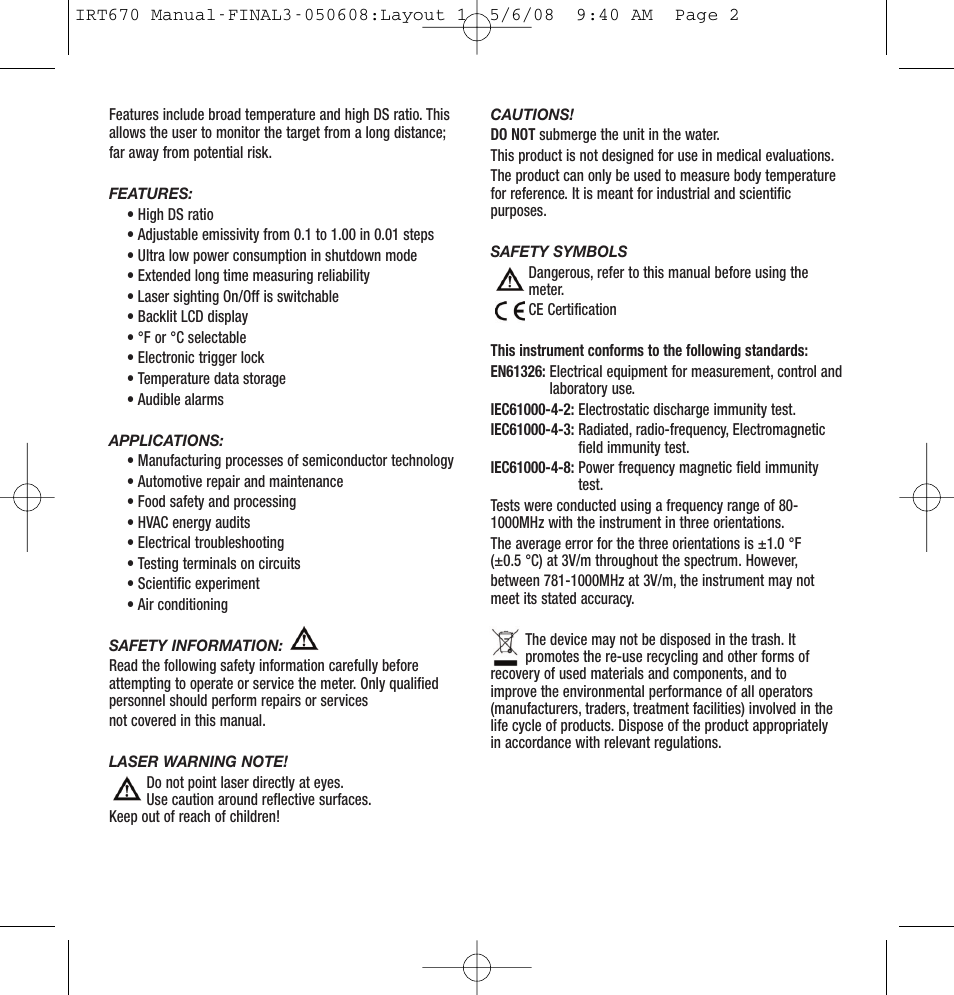 General Tools and Instruments IRT670 User Manual | Page 2 / 16