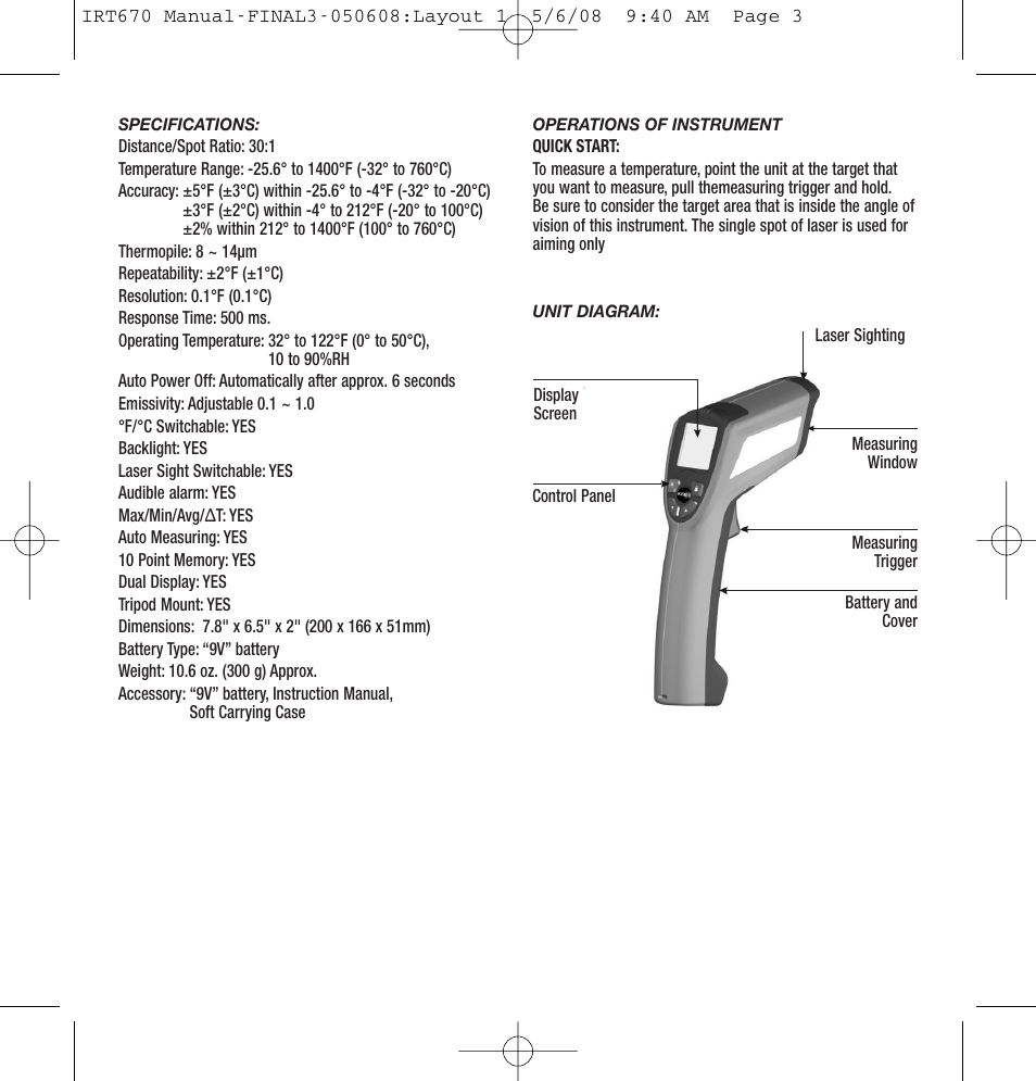 General Tools and Instruments IRT670 User Manual | Page 3 / 16