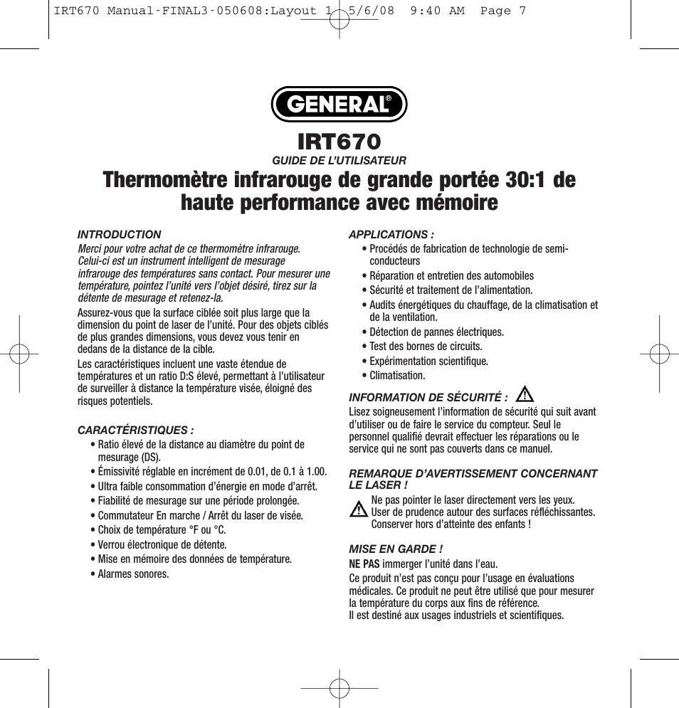 Irt670 | General Tools and Instruments IRT670 User Manual | Page 7 / 16