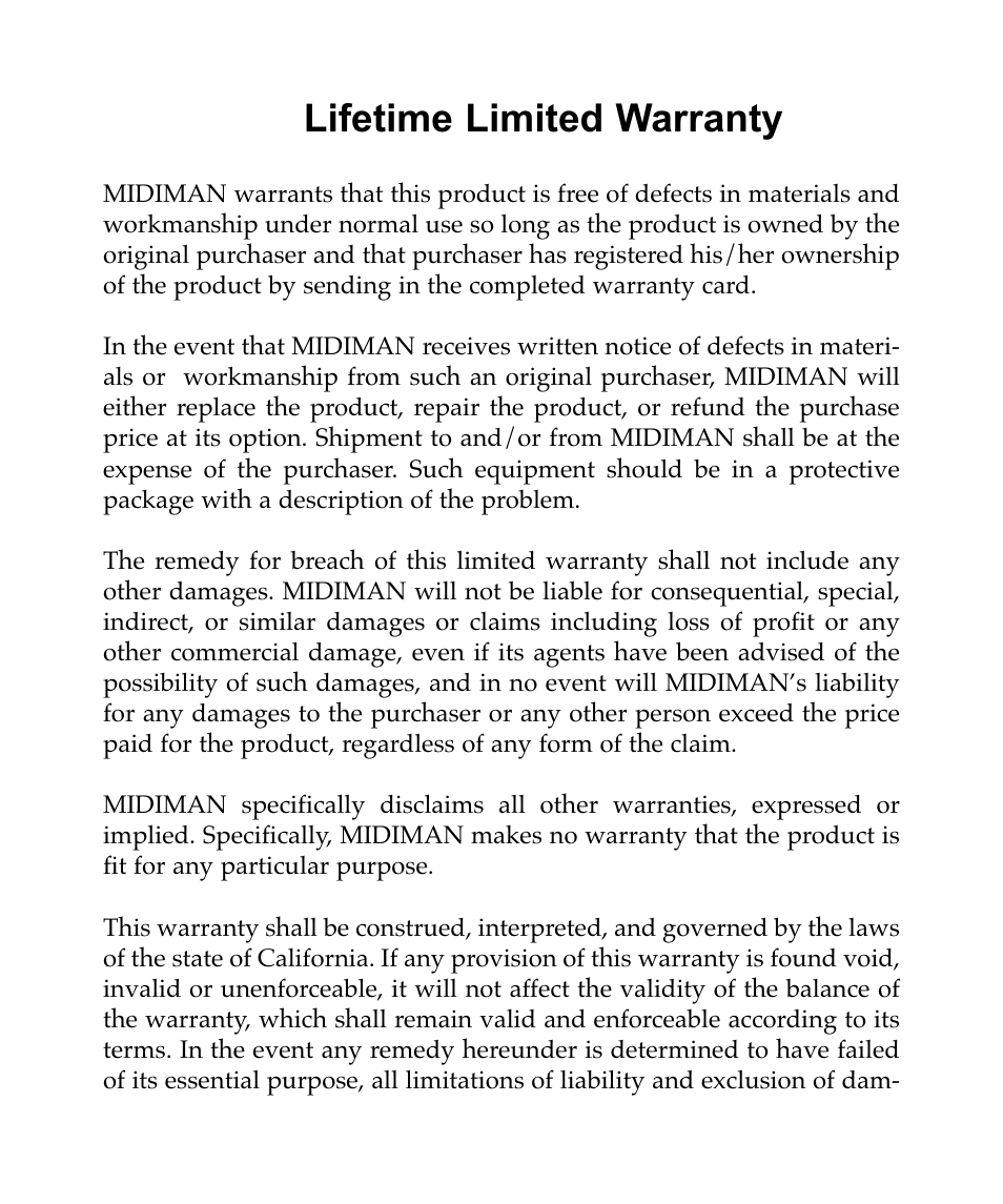 Lifetime limited warranty | M-AUDIO MM401 User Manual | Page 15 / 16
