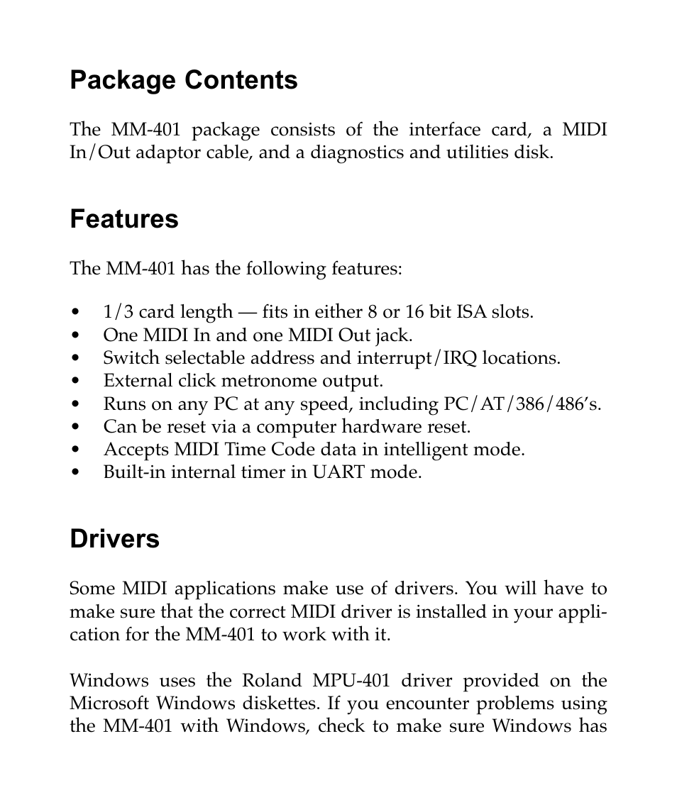 Package contents, Features, Drivers | M-AUDIO MM401 User Manual | Page 3 / 16