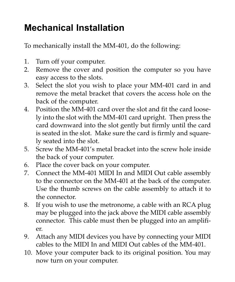Mechanical installation | M-AUDIO MM401 User Manual | Page 8 / 16