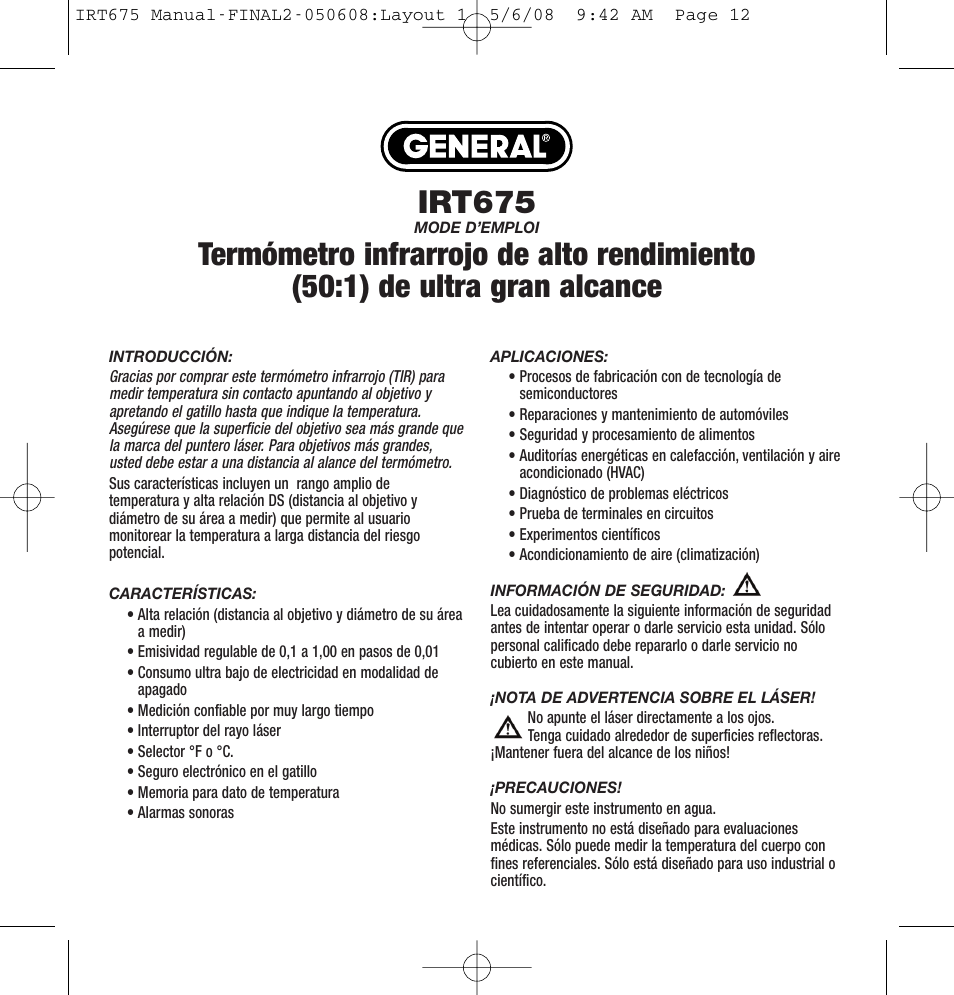 Irt675 | General Tools and Instruments IRT675 User Manual | Page 12 / 16